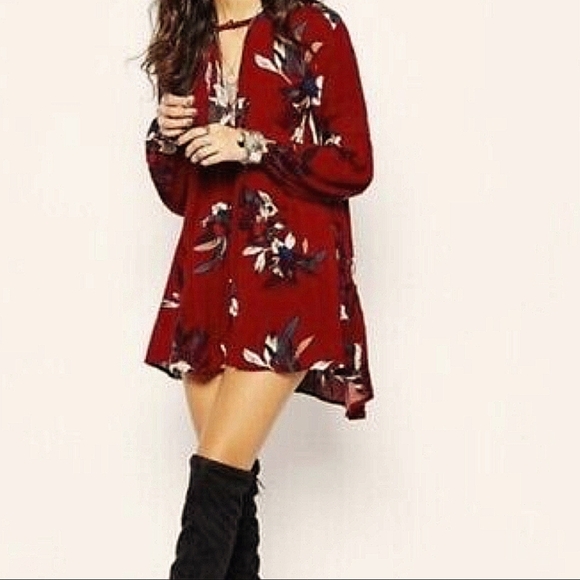 Free People Womens Red Orchid Print Long Sleeve Trapeze & Swing Dress Size Small - Picture 1 of 10
